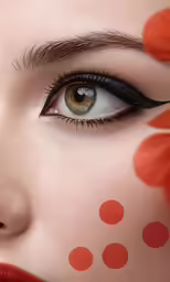 a close up of the eye of a model with flowers on her forehead