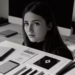 an attractive lady poses behind some stationery items