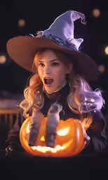 a woman holding a pumpkin and pointing it in her hand