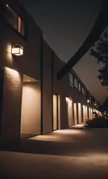 several lights are on a building outside in the dark