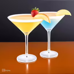 two cocktails sitting side by side with strawberries and orange on top