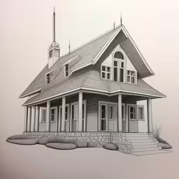 a drawing of a small, two story house,a large house on a hill that is in some snow