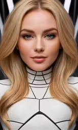 a blonde woman with big eyes wearing a spider - man outfit