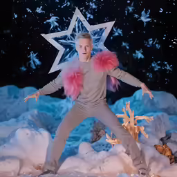 a man in a star shaped suit and furry stoler stands on his knees