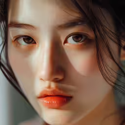 a woman is looking at the camera with one eye open,a close up of an asian woman with long hair