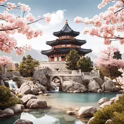a scenic view of an oriental style structure surrounded by mountains and trees