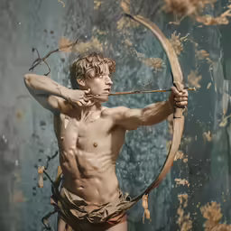 a man holding an arrow in front of a wall