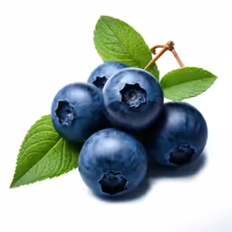 several blueberries and some leaves on the white surface