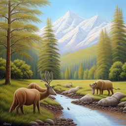 paintings of animals on the side of a river,a painting of animals by a mountain stream,a painting of animals by the water with a mountain in the background,a painting of three animals near a stream in the woods,an illustration of wildlife and a mountain stream in the woods