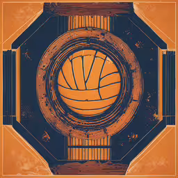 there is a picture of an arena with basketballs,a basketball poster with an abstract design in a circle