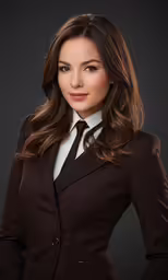 a woman wearing a brown suit and tie