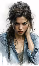 a woman in a blue shirt with her hair in a messy ponytail