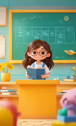the character is dressed like a girl sitting at a desk