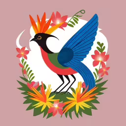 a bird with colorful feathers and a flower wreath