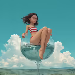 a girl floating in the water inside of a wine glass