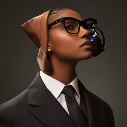 a woman in a suit and glasses that look like an alien head