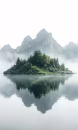 an island in the middle of the water with trees in it