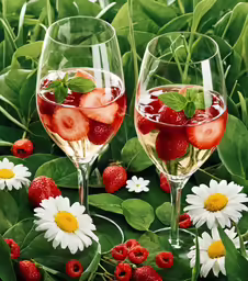 two wine glasses filled with red strawberries next to flowers and daisies