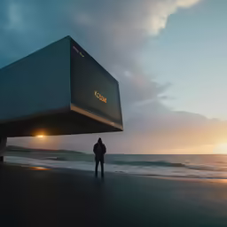 a man in black jacket standing on beach next to large object