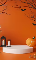 orange and black wall decorated with candles and decor