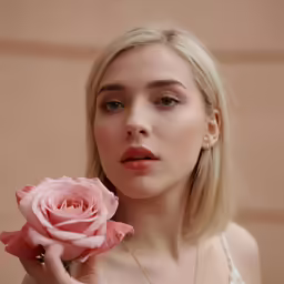 a blonde girl holding a pink rose close up