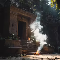 a large group of smoke rises in a tree lined building