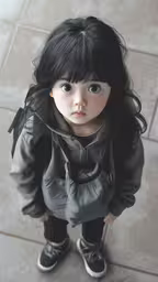 young girl looking down with sad expression on her face,an adorable little girl with black hair wearing a grey jacket and a black and white hoodie
