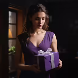 a woman in a purple dress opening a gift