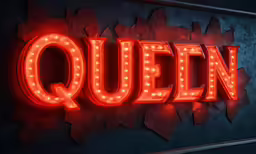 the word queen spelled with lights attached to a wall
