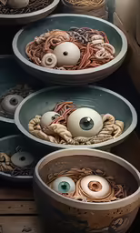 bowl of noodles, with two big eyes for each of them