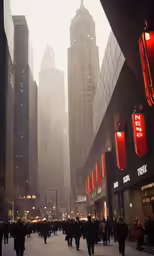 a busy city street with people walking on it