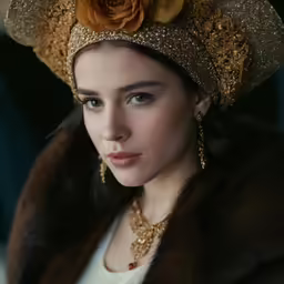 the woman in the brown fur coat wears an intricate head piece
