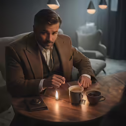 man in suit sitting at a table holding a candle