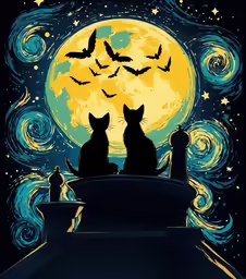 halloween illustration with two cats sitting in a cemetery with bats