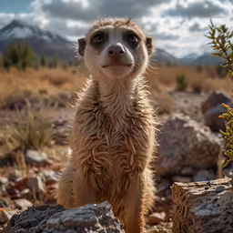 a white - headed brown dog sitting next to rocks and plants