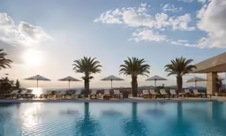 a couple of chairs are sitting by the pool