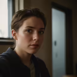 a woman with brown hair and a black jacket