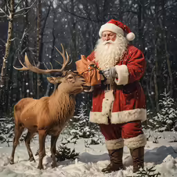 santa claus standing with deer and staring at him