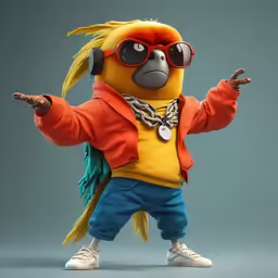 a stuffed animal wearing sunglasses and a sweater with headphones