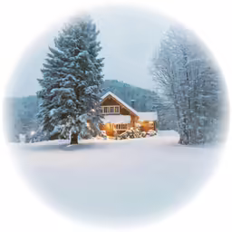 the exterior of a home is lit up at night in the snowy woods