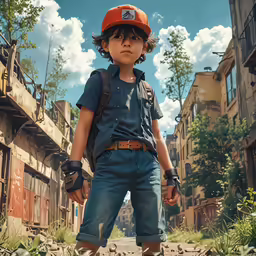 a kid is standing next to some buildings