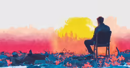 a man sits in a chair among a herd of animals