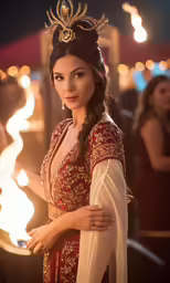 the tudor maiden is dressed in red and gold