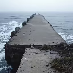 people walking down a long pier into the ocean