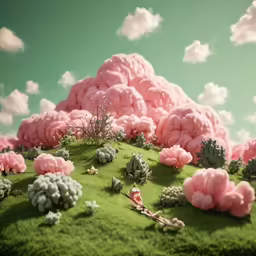 a landscape with pink flowers and green grass