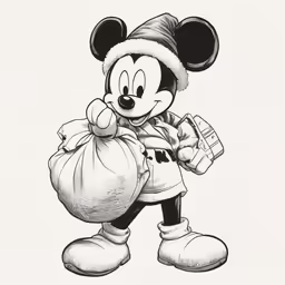 the mickey mouse cartoon wearing a santa hat and holding a sack