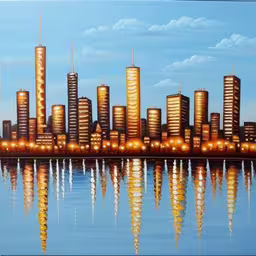 a painting of buildings, lights and reflections in the water,the city is surrounded by an ocean that reflects the sky,the painting is on a wall and depicts a city by the water,a painting of a large city with buildings reflecting in the water,this is an artistic painting of a city skyline