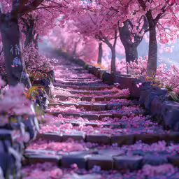 many trees with lots of pink flowers on them,a path covered in pink petals by many trees