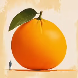 an orange has a tiny figurine standing on top of it
