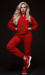 a blonde woman in red tracksuits and red sneakers posing for the camera